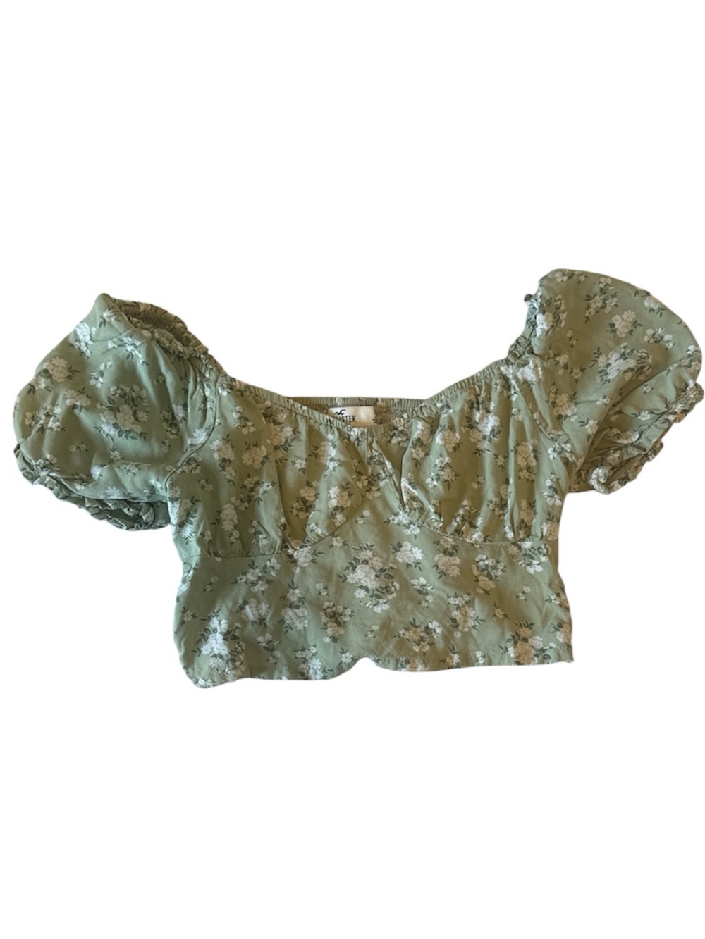 Hollister Sage Green Floral Puff-Sleeve Crop Top